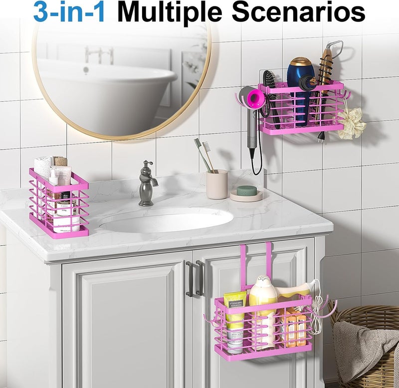 Sevenblue Hair Tool Organizer, 3-in-1 Universal Hair Dryer Holder, Adjustable Height Metal Blow Dryer Holder Wall Mounted/Over Cabinet Door/Free-Standing (Pink) - Image 3